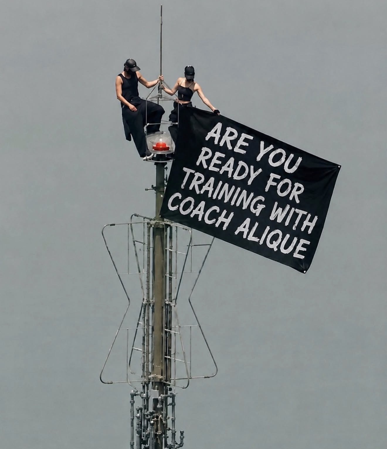 A banner reading Are you ready for training with Coach Alique hung from a cell tower